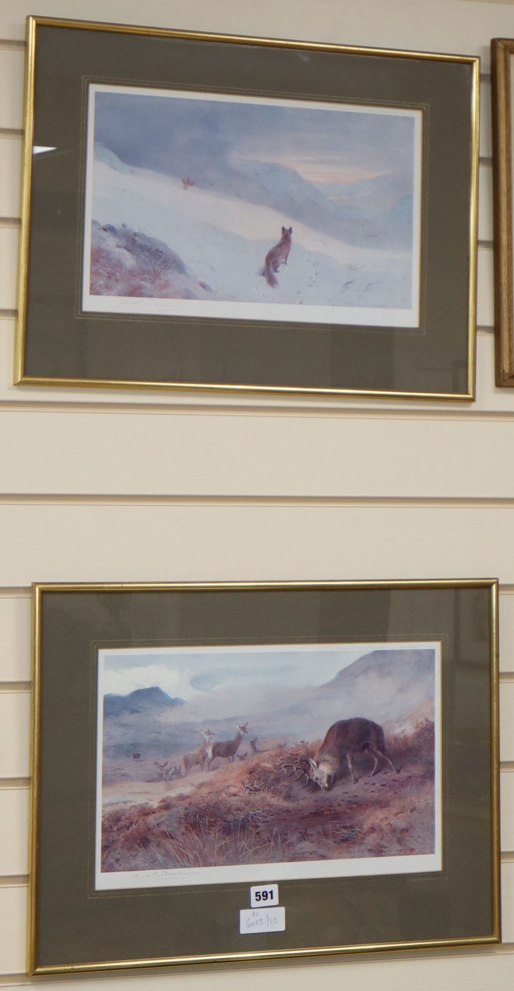Archibald Thorburn, pair of colour prints, Fox and stag in landscapes, signed, 25 x 39cm